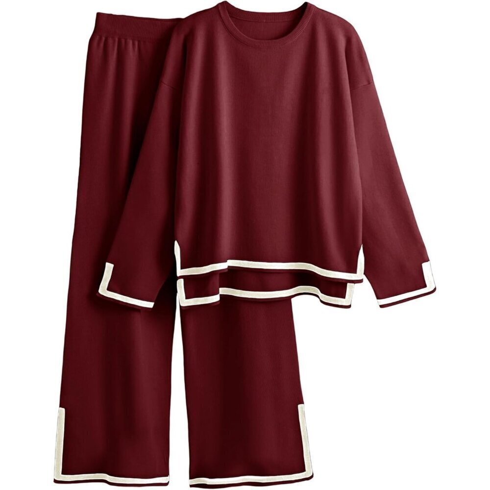 Women's Wine Red Long Sleeve Knit Sweater Top & Wide Leg Pants Lounge Set